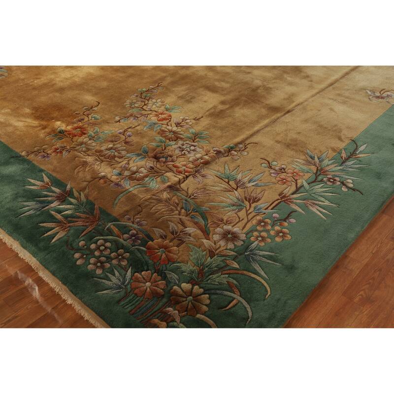 Hand Knotted Oriental 100% Wool Carpet Traditional Floral Yellow & Gold Art Deco Area Rug - 17' 9'' X 11' 10''