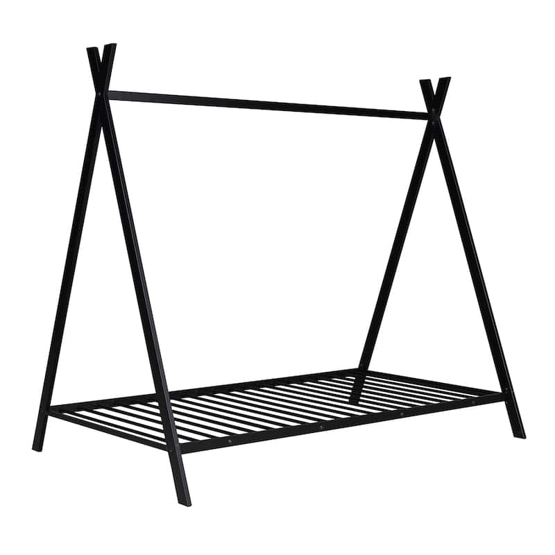 White Metal Twin House Bed Tent Frame with Slat, No Box Spring Needed