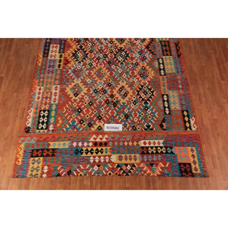 Orange Kilim Oriental Area Rug Hand-Woven Geometric Wool Carpet - 8'0"x 11'8"