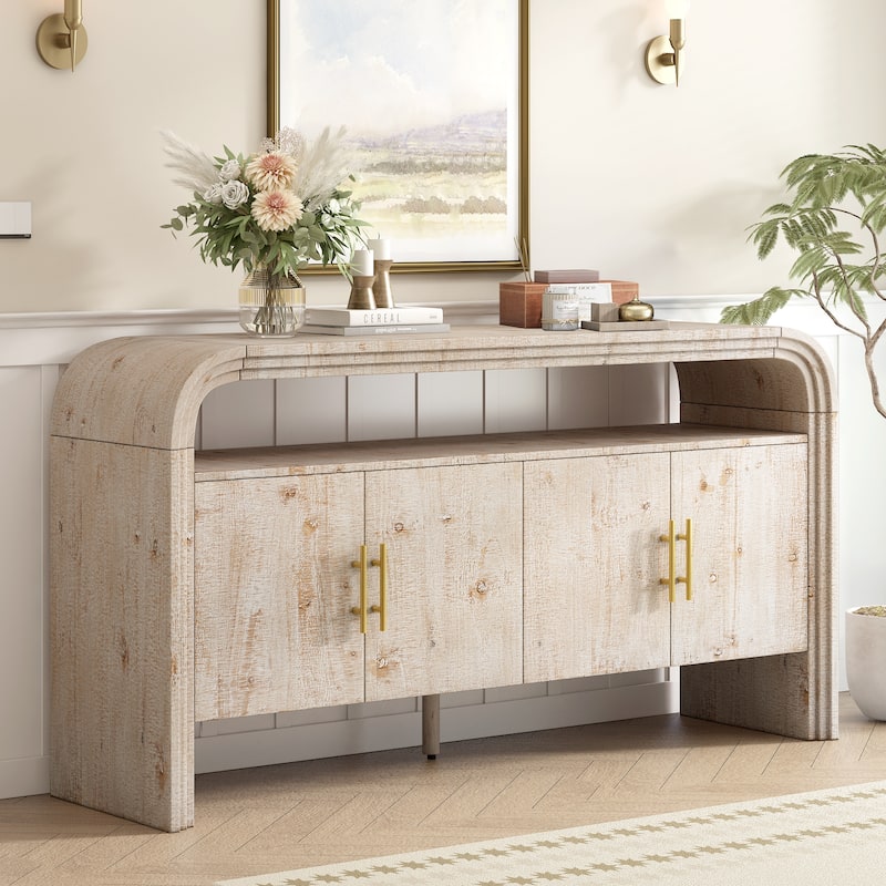 Curved Sideboard with 4 Doors, Wood Accent Entryway Console Table, Freestanding Buffet Cabinet with Open Shelves - Natural Wood