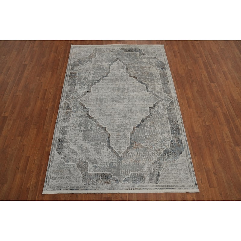 Machine Made Oriental Polyester Carpet Traditional Medallion Greys & Charcoal Tabriz Area Rug - 7' 5'' X 5' 2''