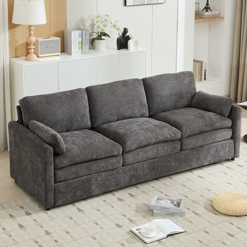 Modern Chenille Comfy Upholstered 3-Seat Sofa, Comfy Cloud 3-seater Sofa w2 Lumbar Pillow Plush Cushion Sofa Couch - Grey