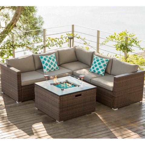 COSIEST Wicker 4-piece Outdoor Sectional Sofa Set with Fire Pit Table