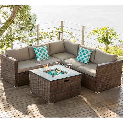 COSIEST 4-piece Outdoor Sofa Set with Fire Table, Brown Wicker and Grey Cushion