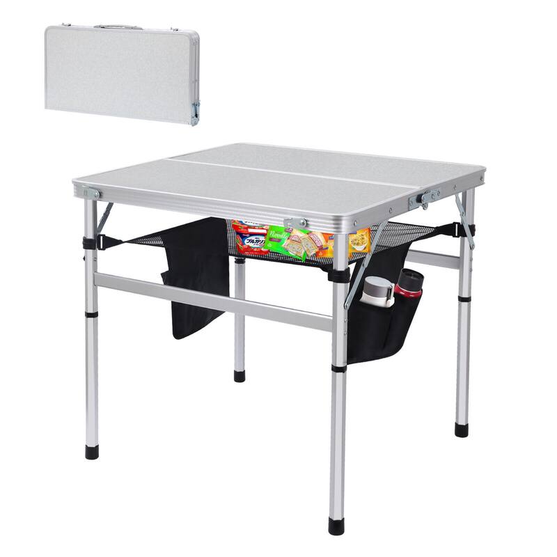 Picnic Table Square, Outdoor Table, Small Table, Card Table Height Adjustable - White&Silver 23.6'' x 23.6''