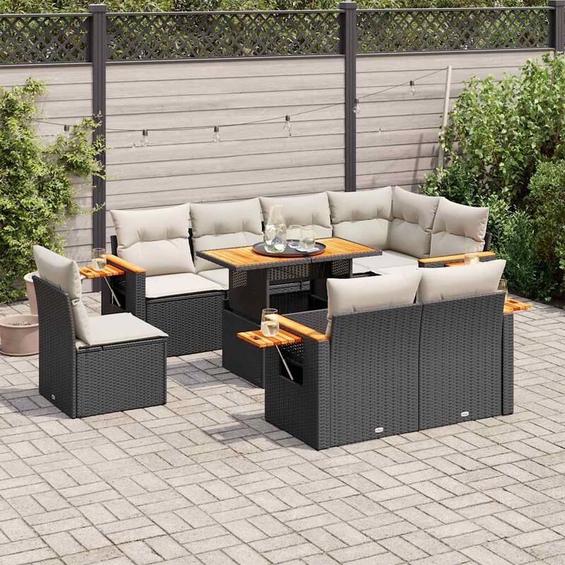 vidaXL Patio Sofa Set with Cushions Outdoor Furniture 9 Piece Poly Rattan - Black and cream with storage - 92.1 x 48.8 x 33.5 in
