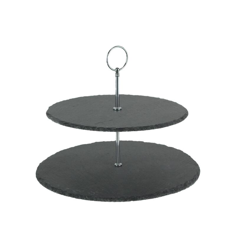 Two Tier Round Slate Stone And Chrome Metal Farmhouse Serving Tray - 9.25 X 11.75 X 11.75 inches