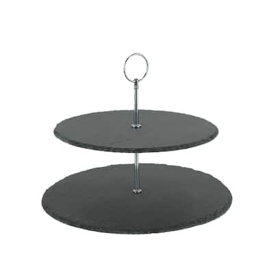Two Tier Round Slate Stone And Chrome Metal Farmhouse Serving Tray - 9.25 X 11.75 X 11.75 inches