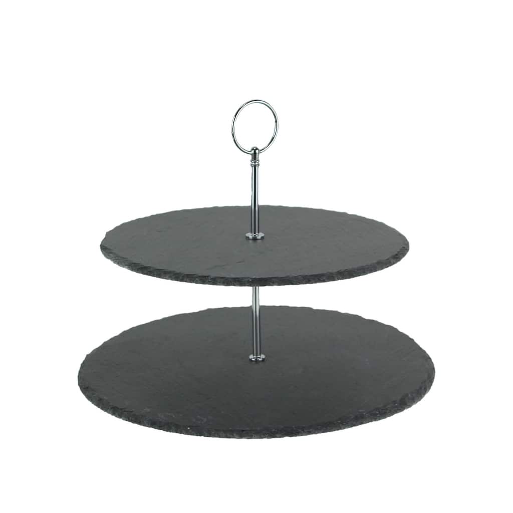 Two Tier Round Slate Stone And Chrome Metal Farmhouse Serving Tray - 9.25 X 11.75 X 11.75 inches