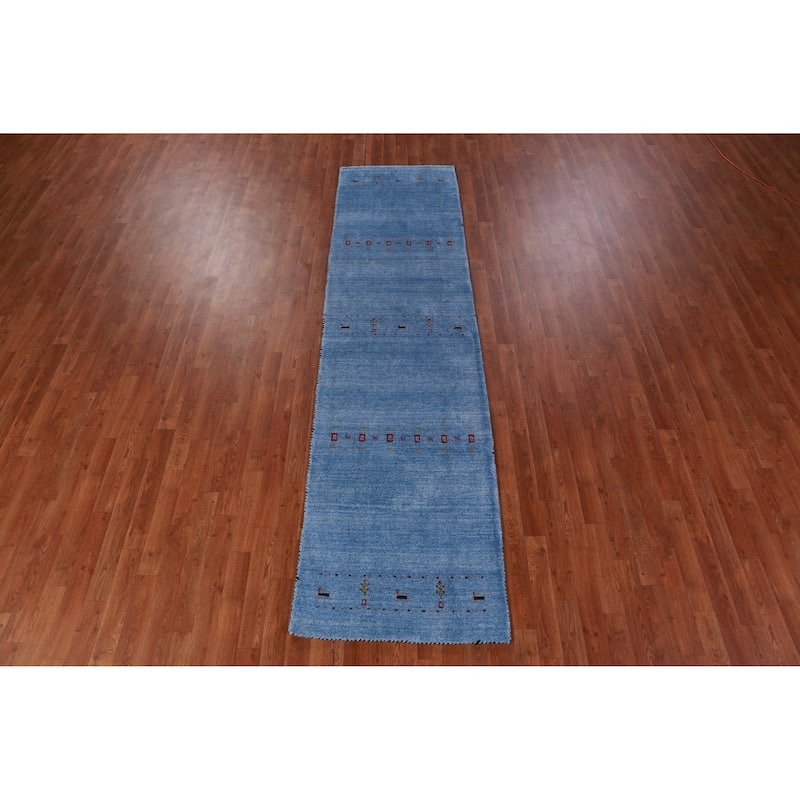 Hand Knotted Oriental 100% Wool Carpet Tribal Animal Pictorial Navy Blue & Blues Gabbeh Runner Rug - 9' 10'' X 2' 6''