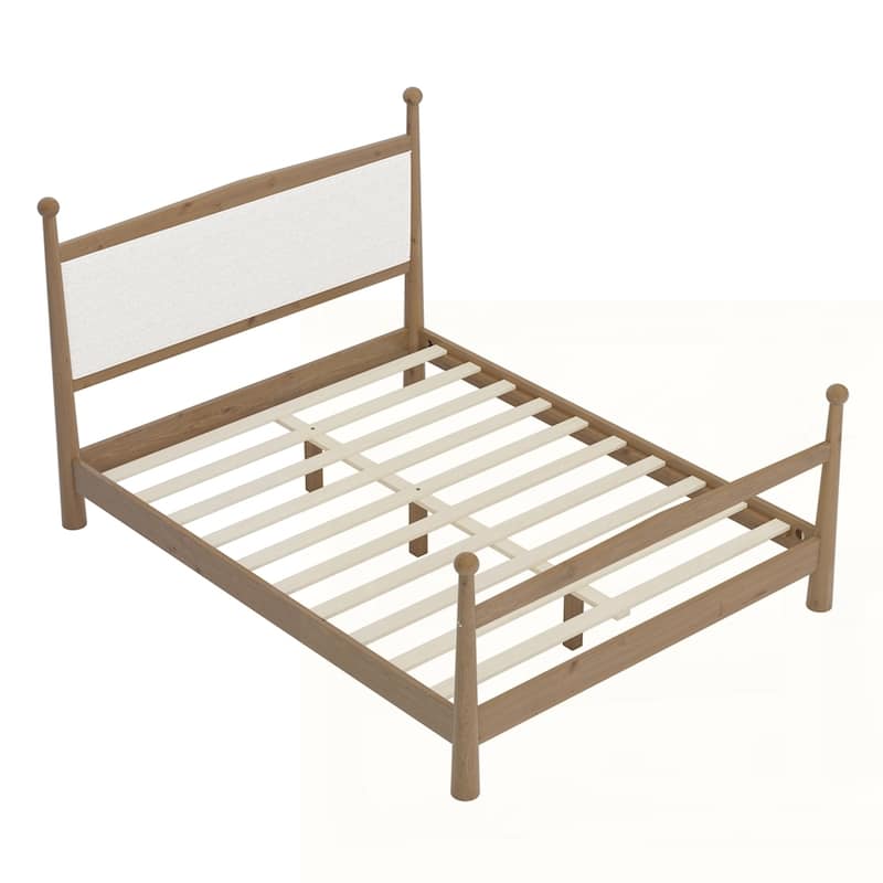 Solid Pine Wood Platform Bed with Upholstered Headboard