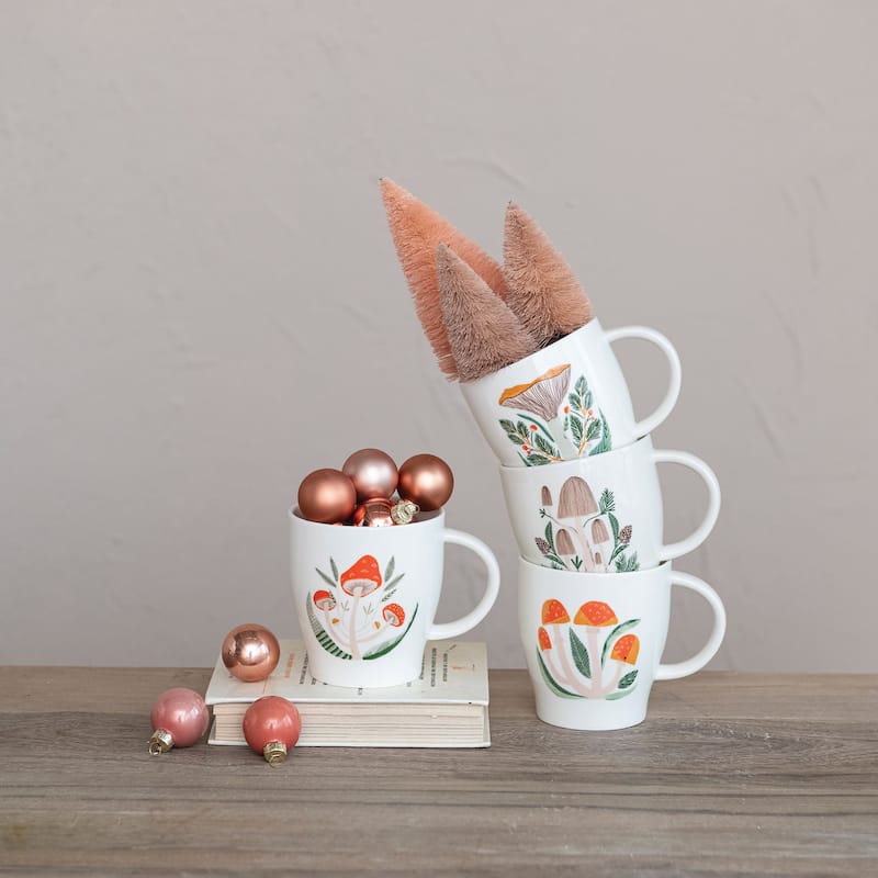 Stoneware Mugs with Mushroom Prints, Set of 4 - Multi