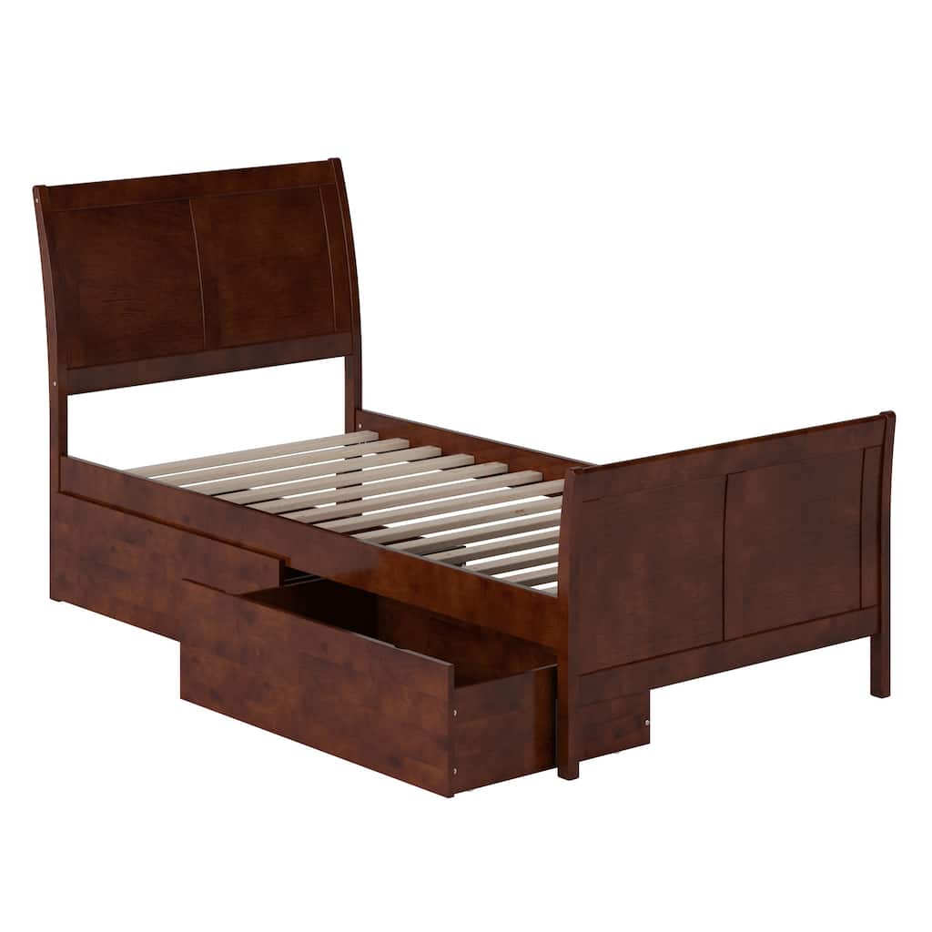Portland Twin XL Platform Bed with Matching Footboard & Storage Drawers in Walnut