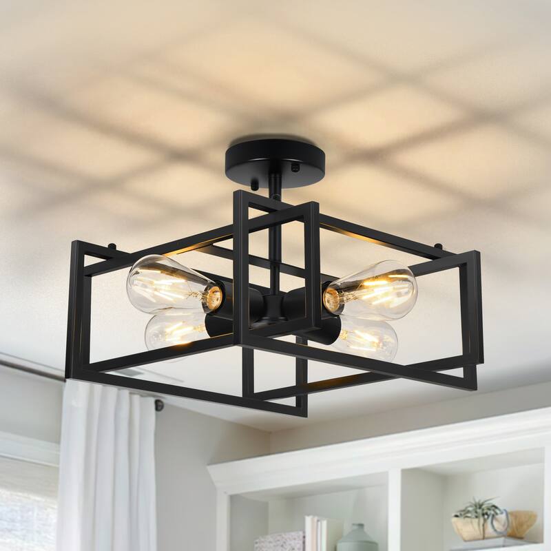 Starsky 4-Light 15in Modern Farmhouse Caged Ceiling Light Geometric Rectangle Semi-Flush Mount