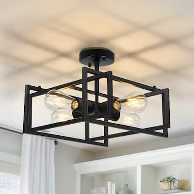 Starsky 4-Light 15in Modern Farmhouse Caged Ceiling Light Geometric Rectangle Semi-Flush Mount