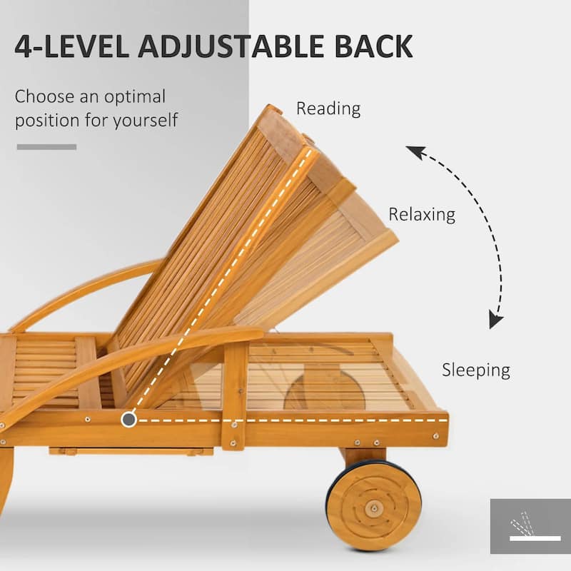 Acacia Wood Folding Lounge, 4-Pos Adjustable, Wheels for Beach