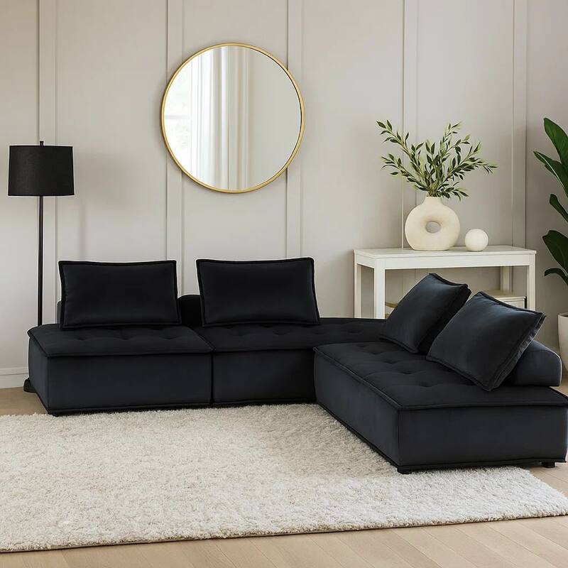 Alaya 5pc Modular Sectional Sofa with 2 Ottomans, Black Velvet Upholstery