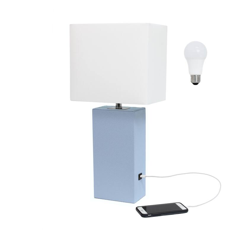 Elegant Designs 21" Modern Leather Wrapped Table Lamp with USB Port, With LED Bulb