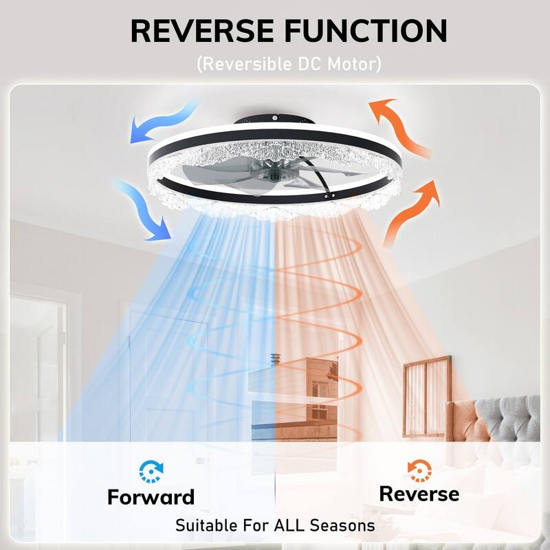 Smart Silent LED Ceiling Fan with Light Crystal Flush Mount, Hidden Blades