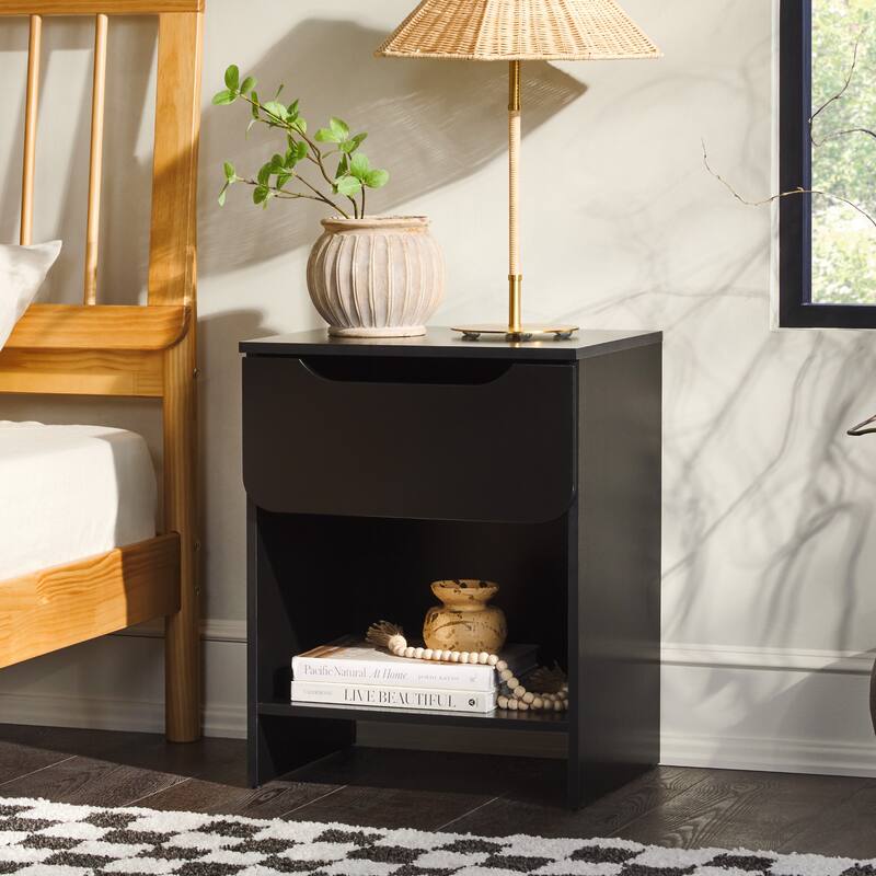 Modern Minimalist Black Nightstand with Single Drawer and Open Cubby