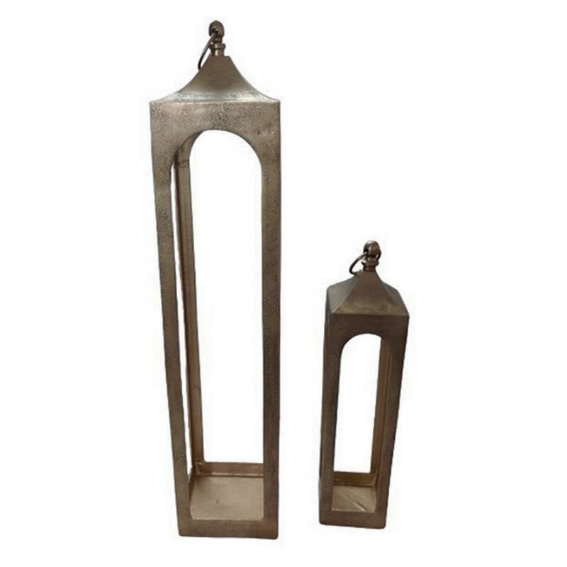 Akira Tabletop Candle Holder Lantern Set of 2, Gold Metal, Top Hook