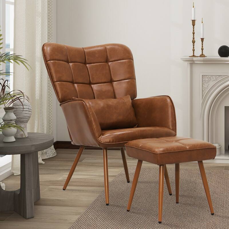 Maypex Upholstered Wing back Chair with Ottoman and Toss Pillow