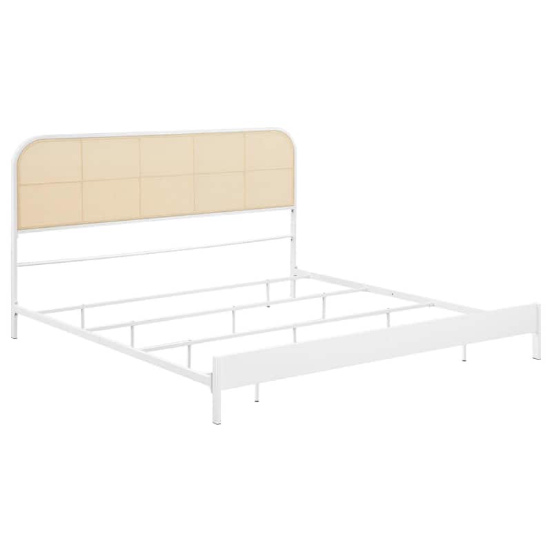 Ammy King Bed, Radio Weave Headboard, Brown Faux Rattan, White Metal