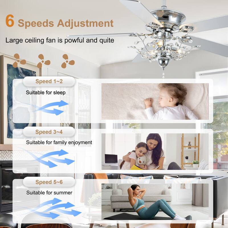 Bella Depot 52-inch Modern Crystal Ceiling Fan with Light Kit and Remote, 6-Speed Reversible Fandelier - 52"