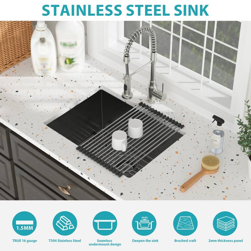 24" Undermount 16 Gauge Single Bowl Stainless Steel Kitchen Sink in Gunmetal Black - 24'' x 18'' x 12''