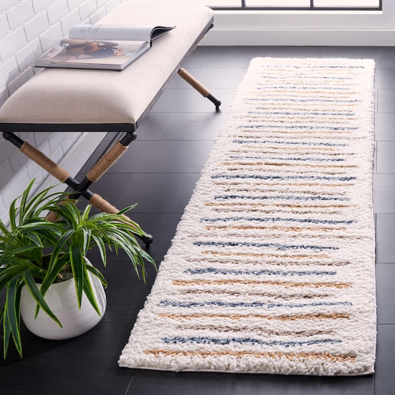 SAFAVIEH Calico Shag Daryia Stripe 1.5-inch Thick Rug - 2'2" x 8' Runner - Ivory/Gold
