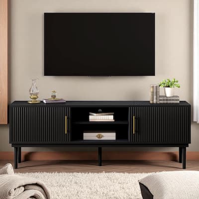 Modern TV Stand with Vertical Striped Sliding Doors, Solid Wood Legs, 2 Cabinets, Space-Saving Media Console