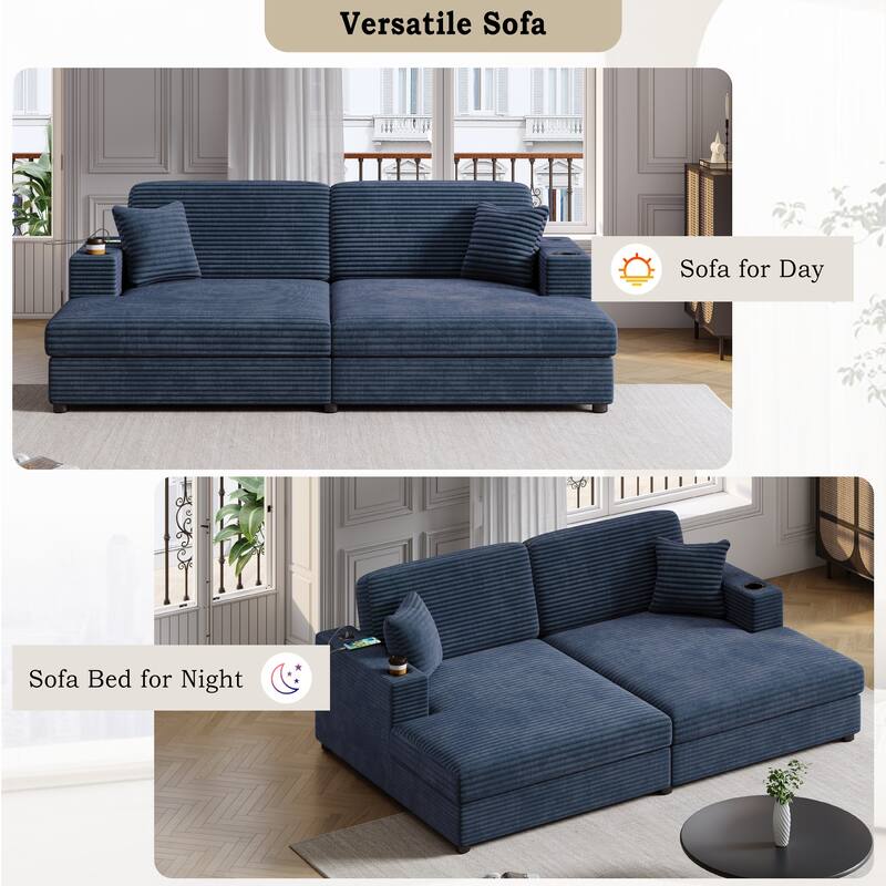 86.5" Corduroy Chaise Lounge Sofa with 2 USB Ports, Cup Holders, and 550lb Capacity