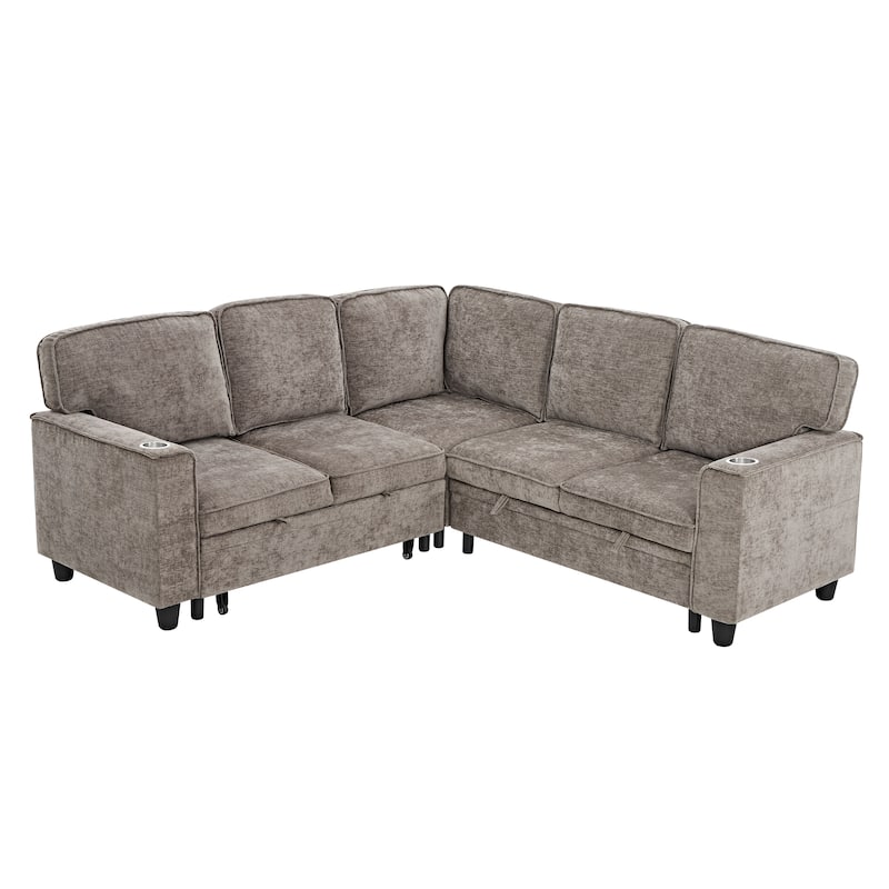 81" Chenille L-Shaped Sofa Bed with Pull-Out Mattress, Storage and USB Charging, 5-Seater