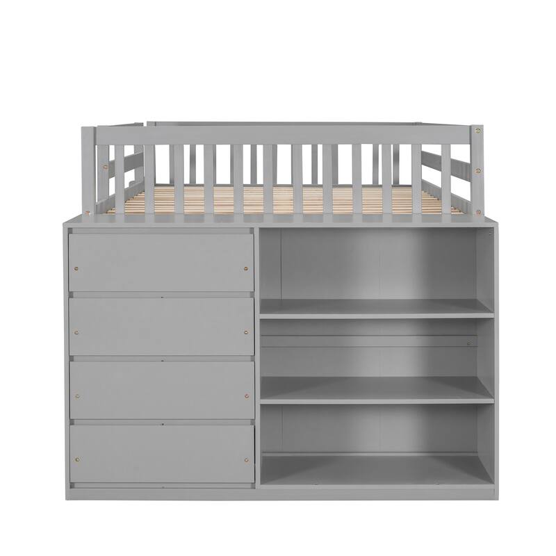 Full over Full Bunk Bed with 4 Drawers and A Three-Layer Storage Cabinet, Support with Wooden Boards