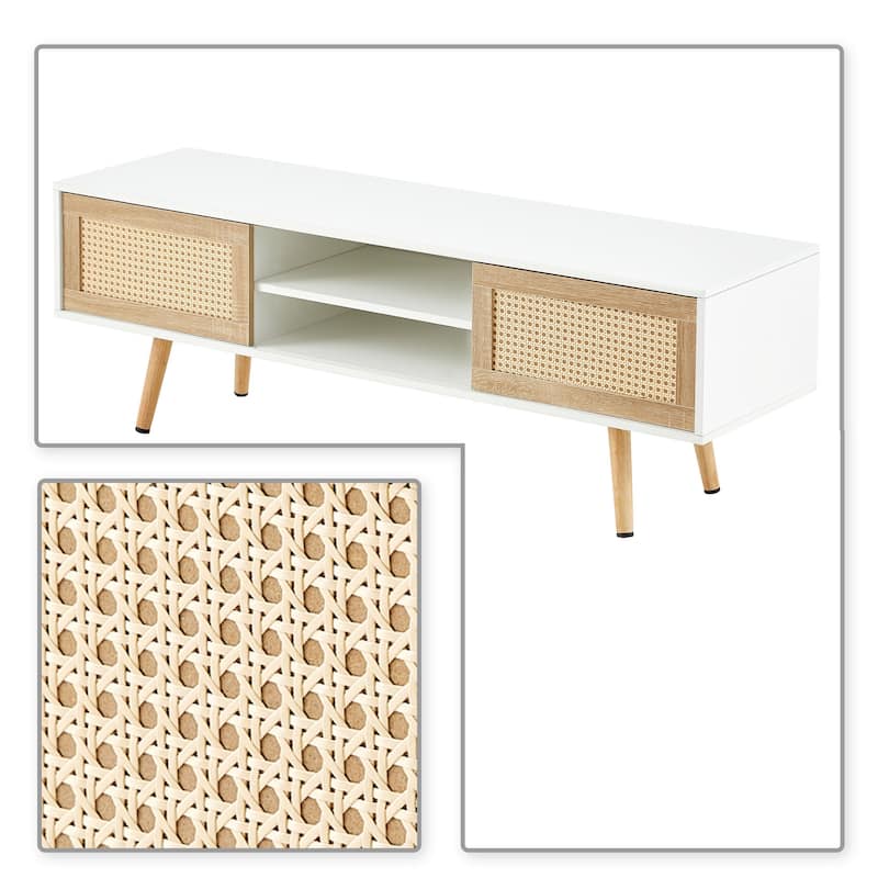 Modern Farmhouse Style Wooden TV Stand with Two Rattan Woven Sliding Doors