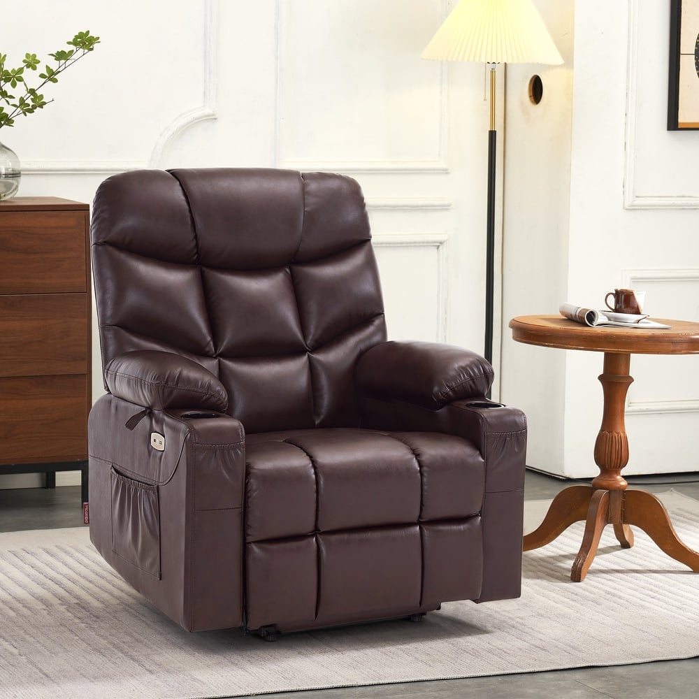 MCombo Electric Power Lift Recliner Chair Sofa for Elderly, 2 Side Pockets and Cup Holders, Faux Leather 7288