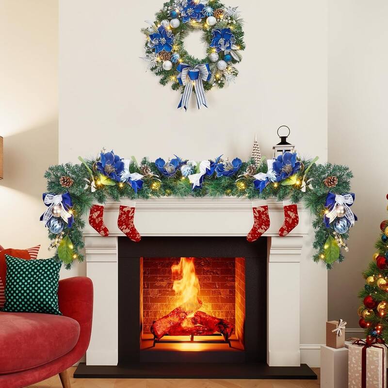 6ft Pre-Lit Outdoor Christmas Garlands with LED Lights Blue Balls Flowers - N/A