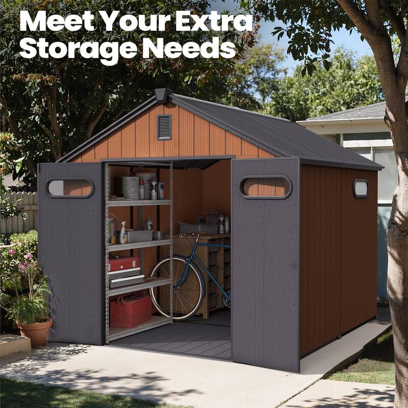 All-Weather Lockable Resin Outdoor Storage Shed with Window Floor for Patio Furniture and Tools