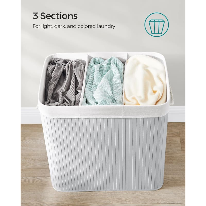 Laundry Hamper, 39.6 Gallons (150L),3-Section Laundry Basket, Laundry Hamper with Lid, Bamboo,Removable & Machine Washable Liner