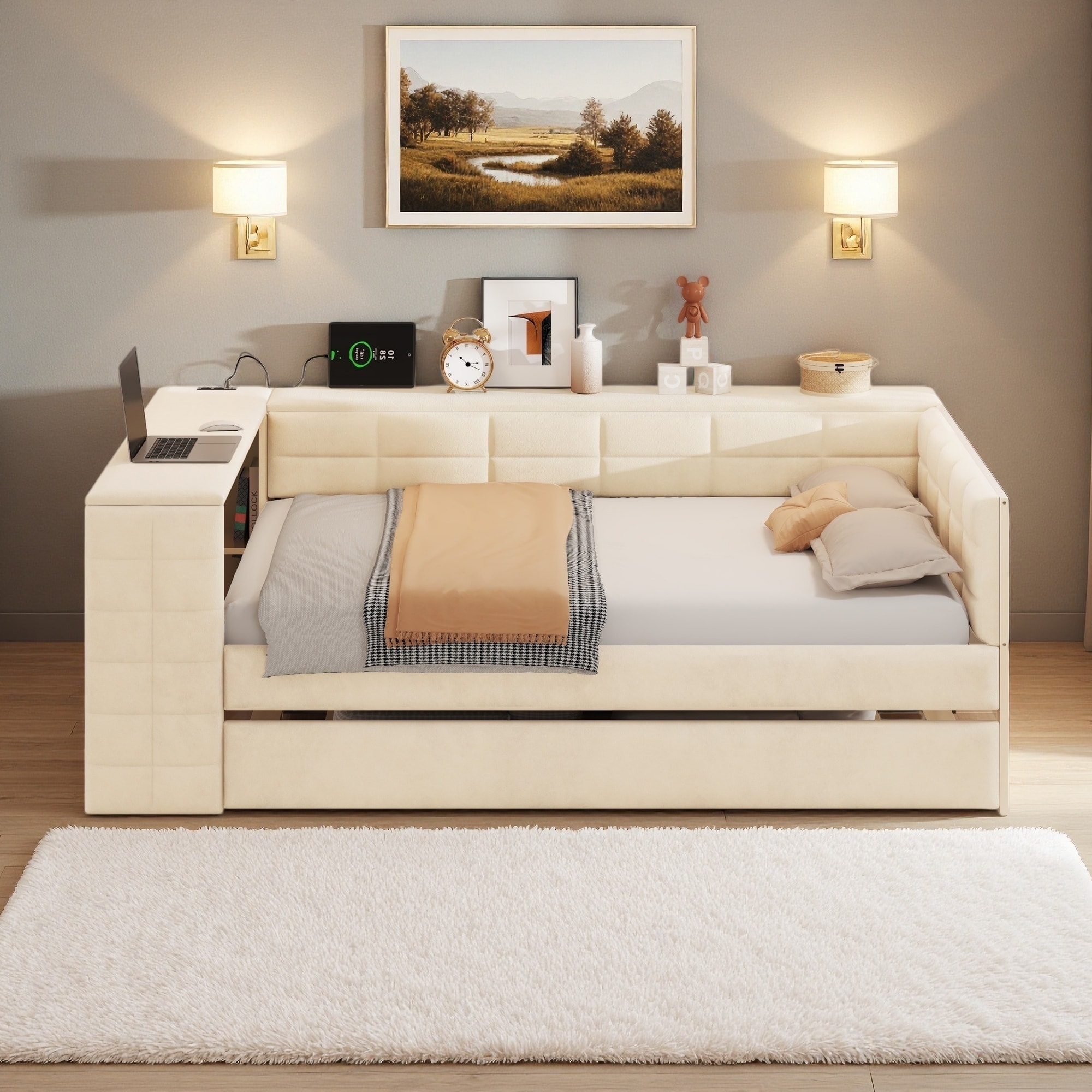 Full Size Upholstered Platform Bed with Storage Shelves, Desk, Charging Station, and Trundle