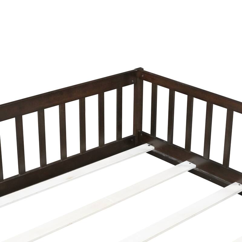 Roomfitters Twin/Full/Queen Rubber Wood Floor Bed with Fence and Swing Door, Safety Guardrails, Low Profile Design