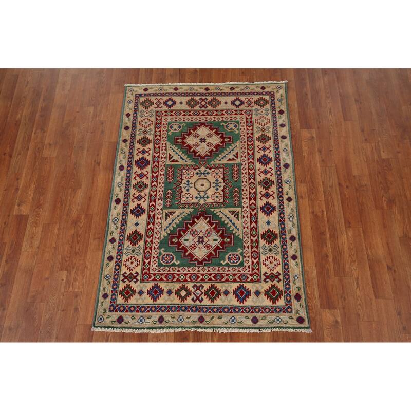 Kazak Oriental Accent Rug Handmade Green Wool Carpet - 3'3" x 4'8"
