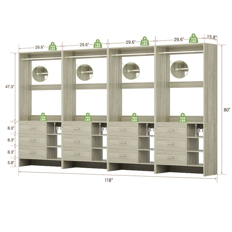 Cimly 30'' W Freestanding Closet Sytem with Hanging Rod, Closet Organizer with Drawers and Shelves