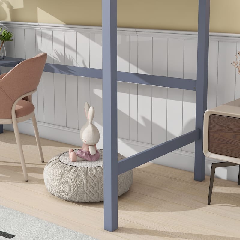 High Loft Bed with Safety Guardrail,built-in desk,ladder, - Grey