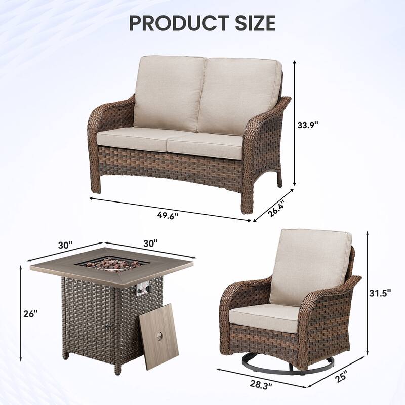 Pocassy Patio Funiture Sofa Swivel Chair Ottoman with Fire Table Set