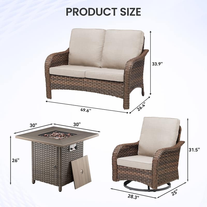 Pocassy Patio Loveseat Swivel Chair with Fire Table Set