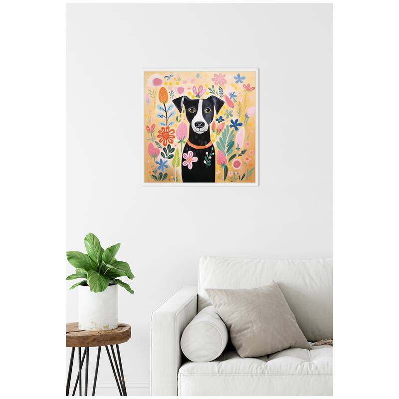 Kate and Laurel Sylvie Black and White Dog Botantical Yellow Framed Canvas by The Creative Bunch Studio