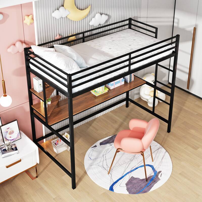 Modern Twin Metal Loft Bed with Desk and Shelve