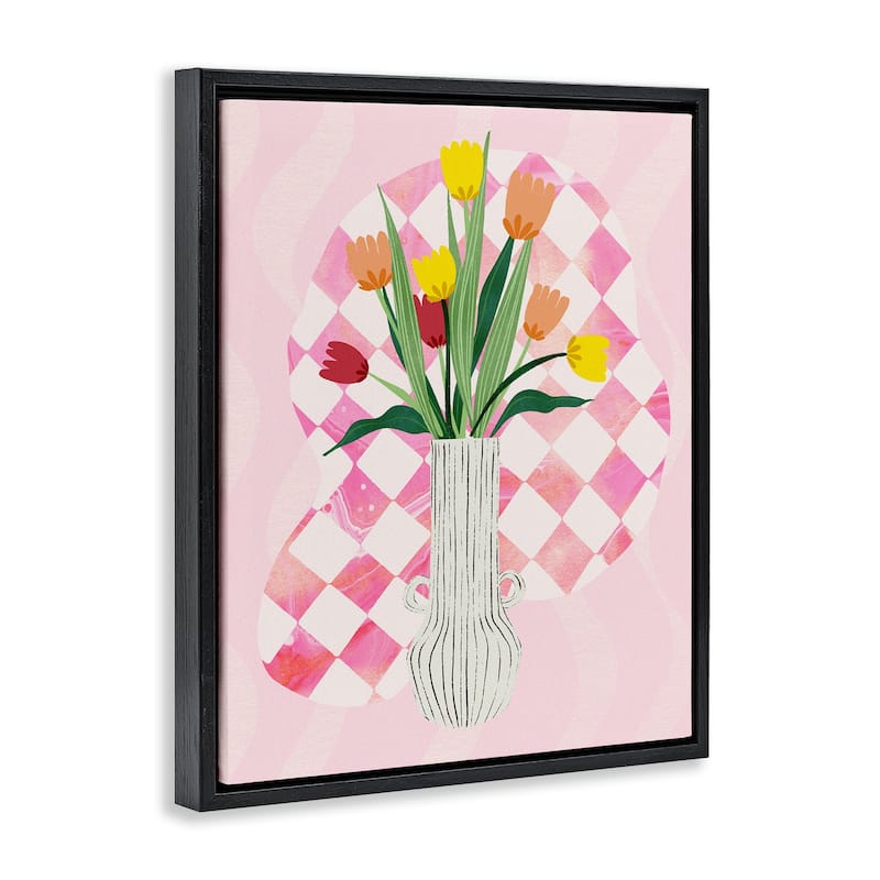 Stupell Yellow Tulip Vase on Checkered Framed Floater Canvas Wall Art Design By Ziwei Li