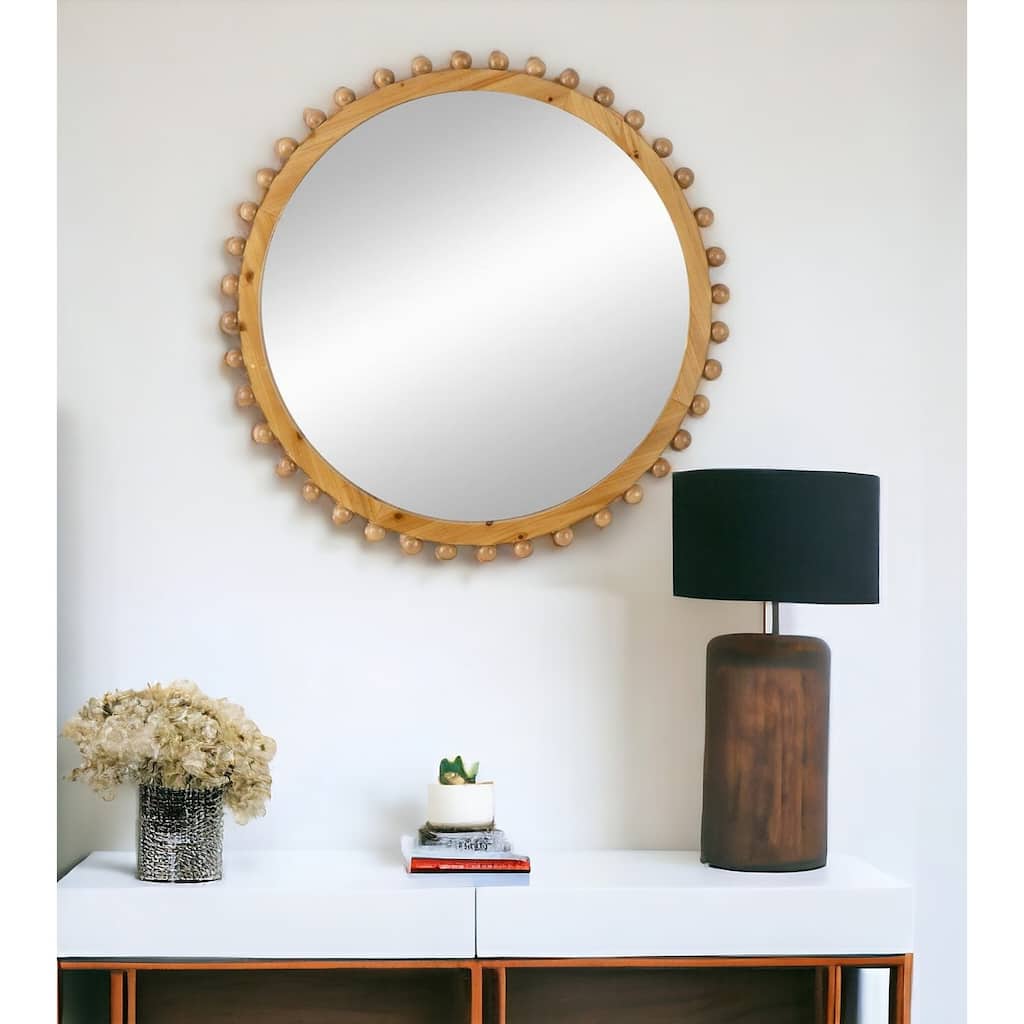 HomeRoots 34" Brown Abstract Wood Framed Accent Mirror - 33.5' X '33.5' X '2